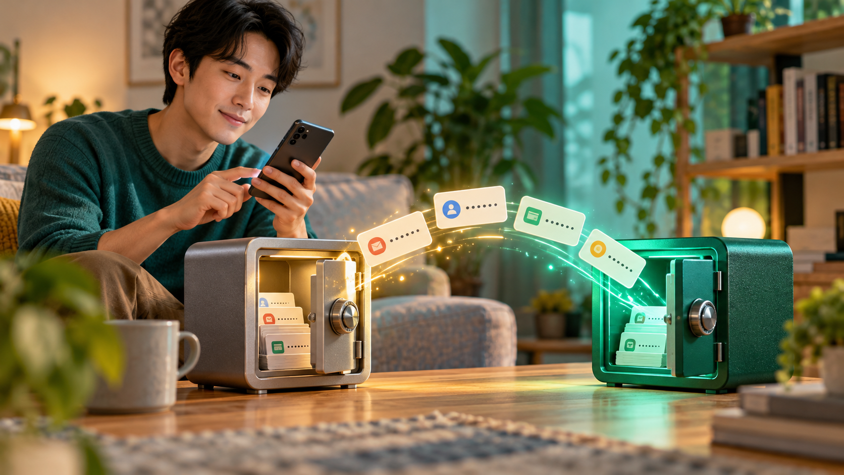 用户在安卓手机上将凭据从旧保管库转到新保管库的原创插画