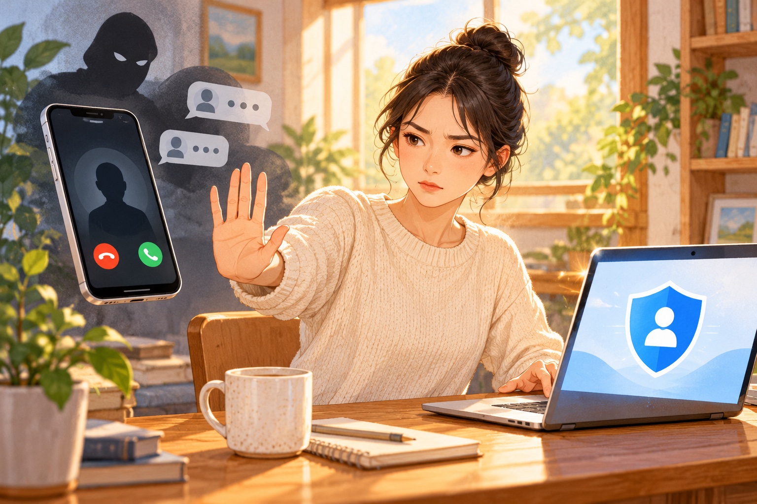 拒绝陌生私信并通过独立帮助入口求证的原创插画