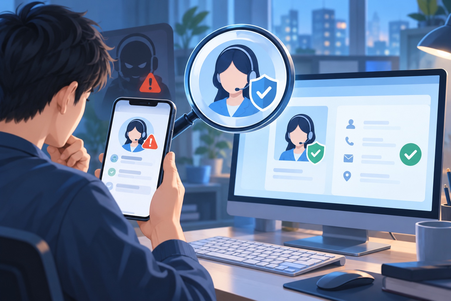 对照社交账号资料与独立验证页面的原创插画